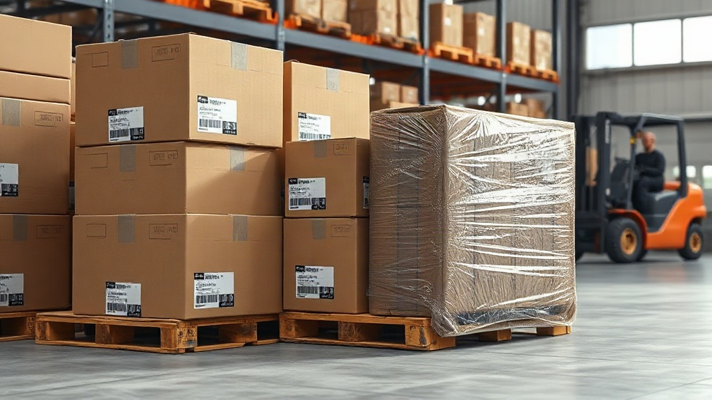 a warehouse interior with stacked cardboard shipping boxes on wooden pallets, barcode labels, a wrapped pallet under pla