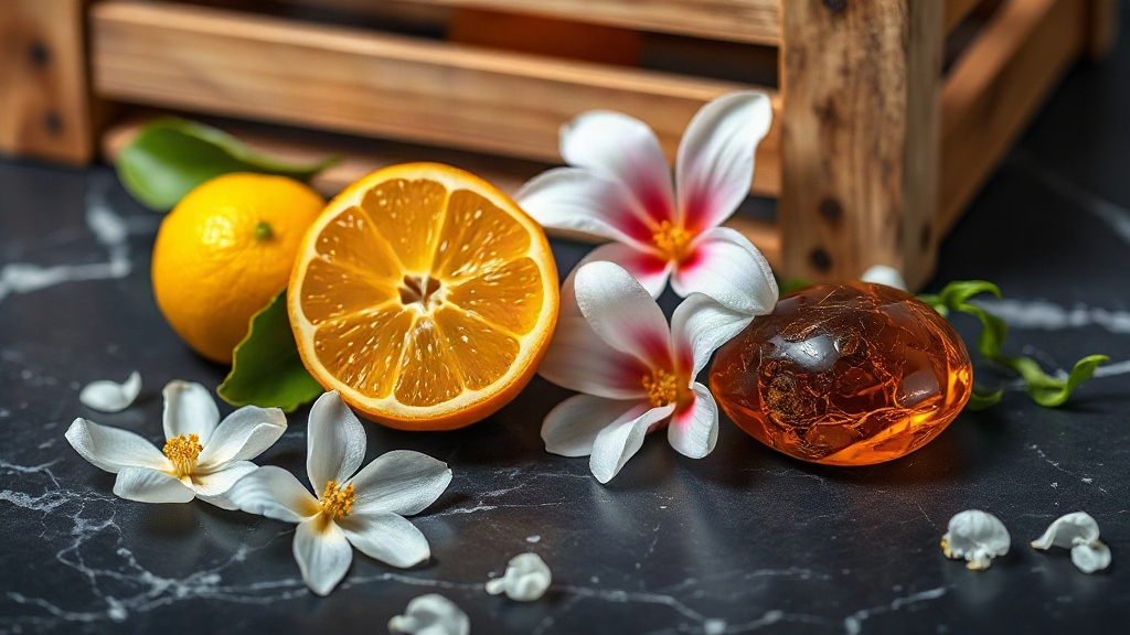 bergamot fruit, jasmine flowers and amber resin arranged on a dark marble surface with soft studio lighting, wooden crat