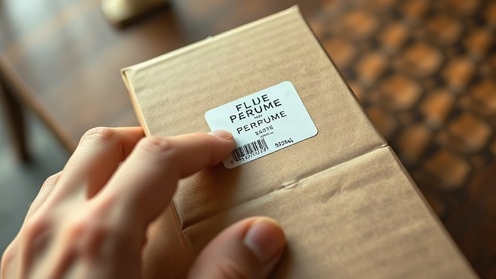 photorealistic close-up of a hand inspecting a sealed cardboard perfume shipping carton with an authentication hologram