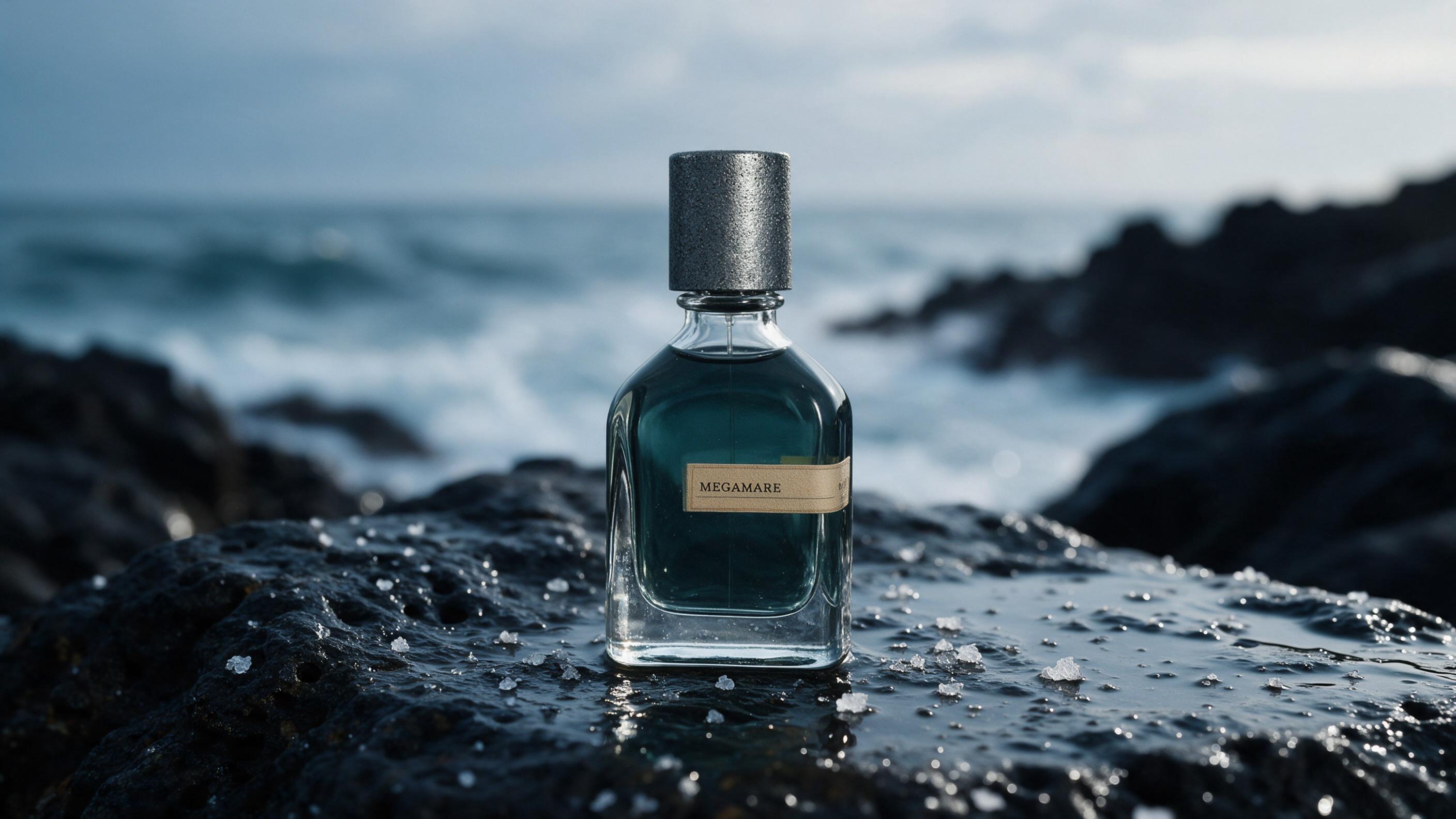 a tall cylindrical glass perfume bottle with a minimalist dark label, standing on wet dark stone with sea water droplets