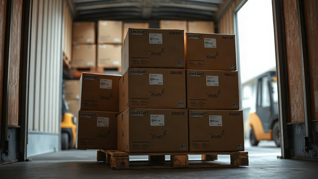 sealed export cargo boxes stacked on a pallet inside a logistics truck, forklift in the background, customs shipping lab