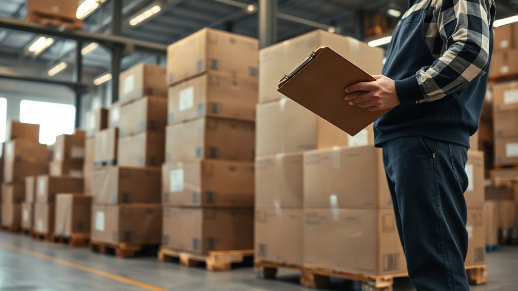 warehouse interior with stacked cardboard shipping boxes on wooden pallets, a worker's hand checking a clipboard in
