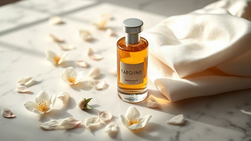 a luxury perfume bottle with amber liquid standing on a polished marble surface, surrounded by scattered jasmine petals,