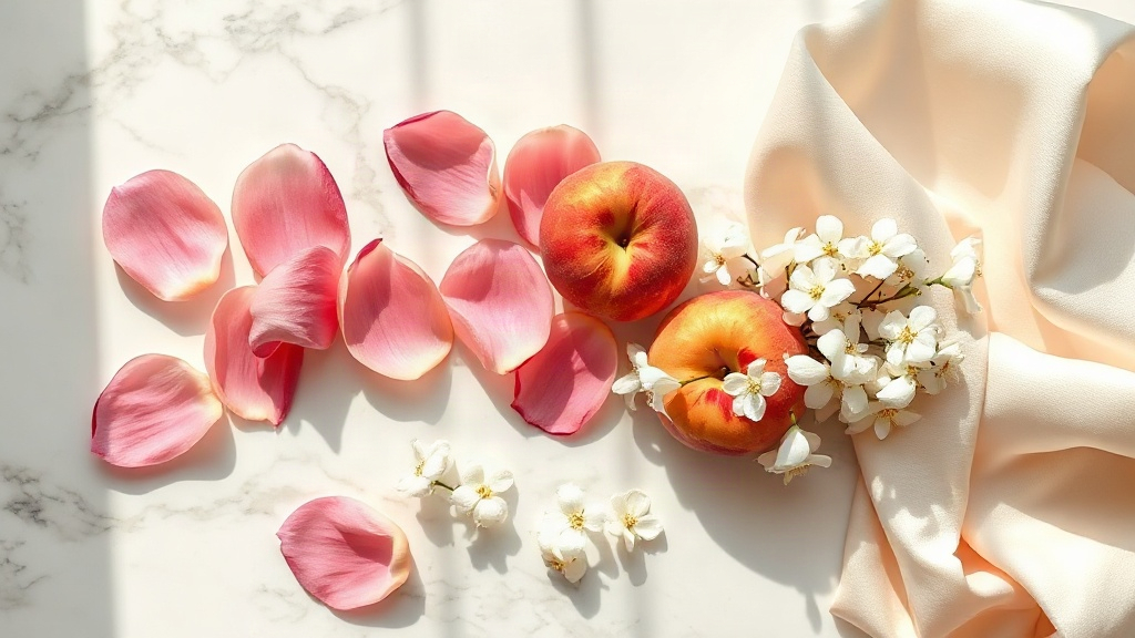 Elegant flat lay composition on a white marble surface showing fresh pink rose petals, ripe peaches, and clusters of whi