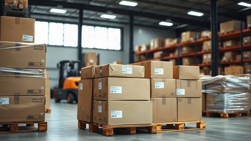wide shot of a logistics warehouse with neatly stacked sealed cardboard shipping cartons on wooden pallets, shrink-wrapp