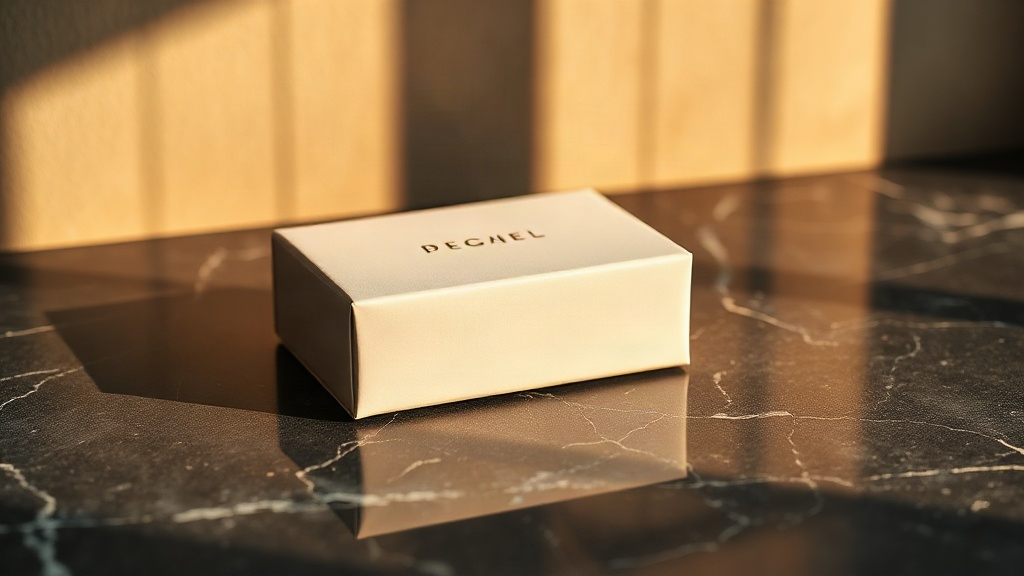 elegant matte perfume packaging box resting on a polished dark marble countertop, soft golden studio lighting reflecting