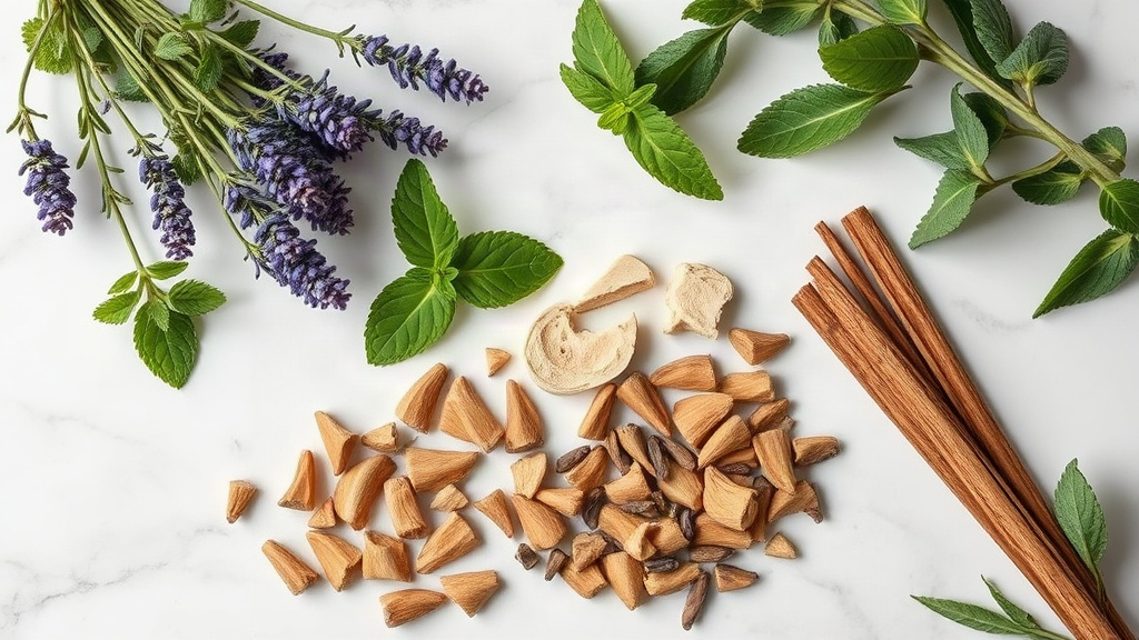 overhead flat lay of raw perfume ingredients on white marble surface, fresh lavender sprigs, mint leaves, vanilla pods,