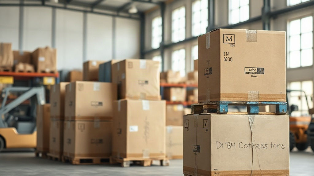 warehouse interior with stacked cardboard shipping boxes and wooden pallets, forklift in the background, organized logis