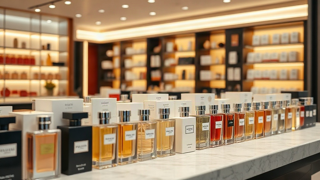 a modern perfume retail store shelf display with organized rows of elegant perfume boxes, warm boutique lighting, marble