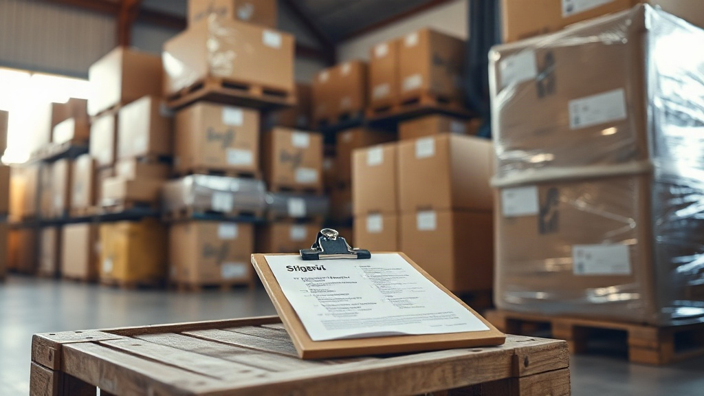 Warehouse interior with stacked cardboard shipping boxes and wrapped pallets, a logistics clipboard with shipping docume