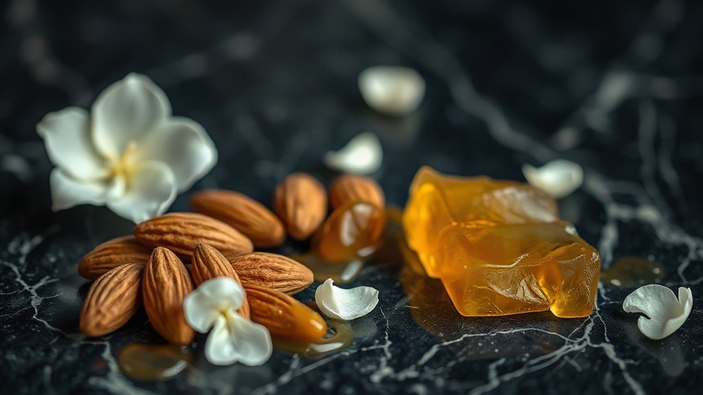 close-up macro photo of raw perfumery ingredients arranged on a dark marble surface, almond blossoms, caramel drizzle, a