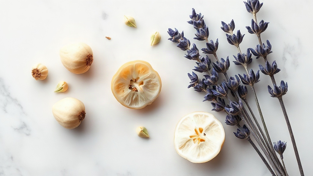 Close-up flat lay of raw perfumery ingredients arranged on a white marble surface — fresh lavender sprigs, halved bergam