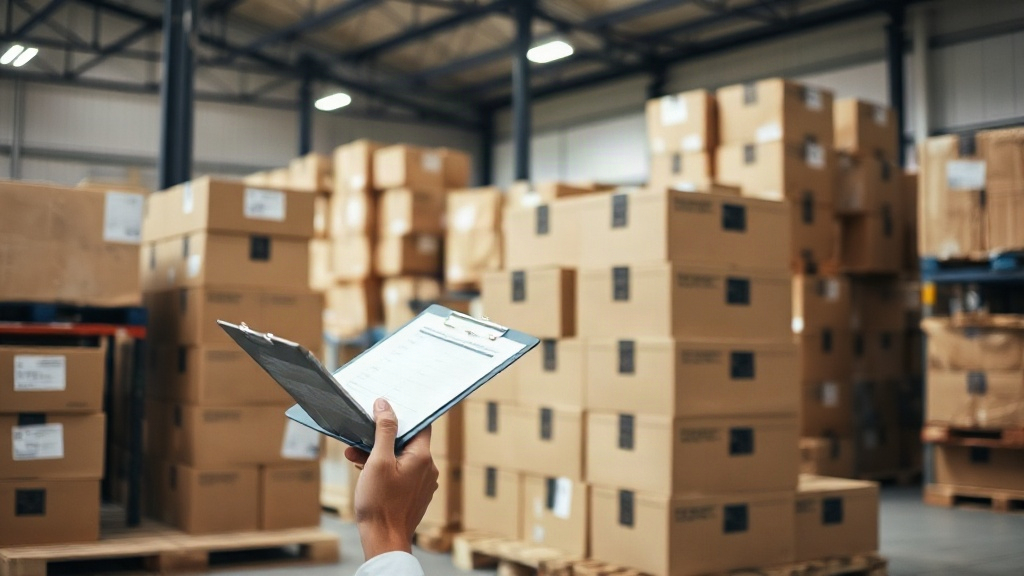 Warehouse interior with stacked cardboard shipping boxes and wooden pallets, a worker's hand checking a clipboard i