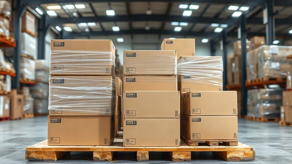 wide shot of a logistics warehouse with stacked cardboard shipping cartons wrapped in clear plastic film on wooden palle