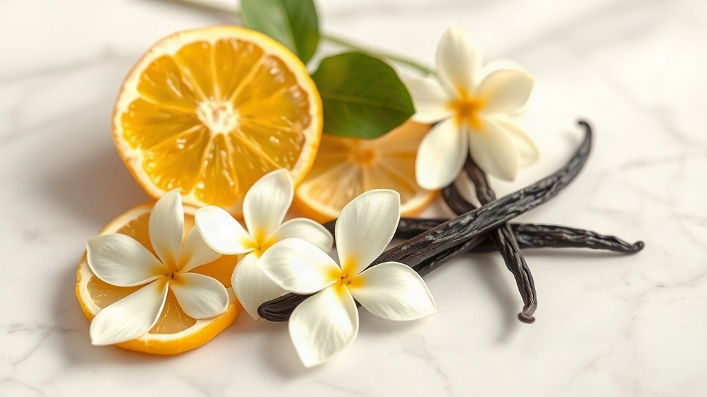 Close-up still life of bergamot slices, fresh jasmine blossoms, and vanilla pods arranged on a white marble surface with