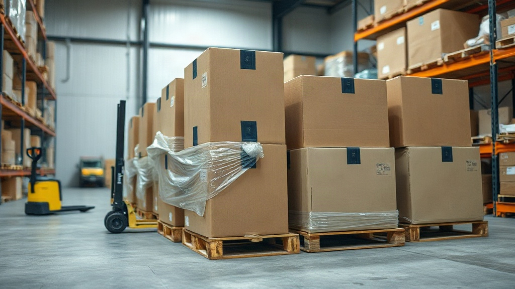 warehouse interior with stacked cardboard shipping boxes on wooden pallets, shrink wrap visible, a pallet jack nearby, i