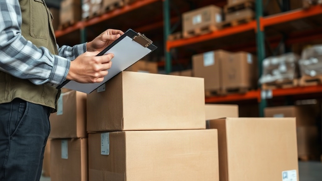 warehouse worker's hands checking a wooden pallet of sealed cardboard shipping boxes with a clipboard, industrial s