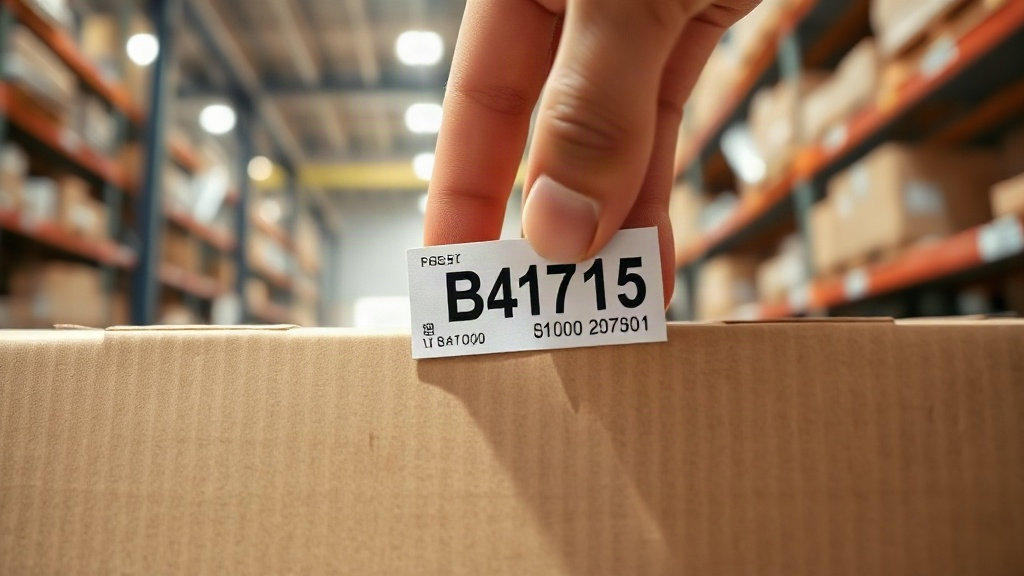 close-up of a hand inspecting a batch code label on a cardboard shipping carton inside a bright warehouse, sharp focus o