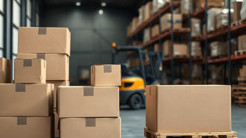 warehouse interior with stacked cardboard shipping boxes and wooden pallets, forklift in soft focus background, cool ind
