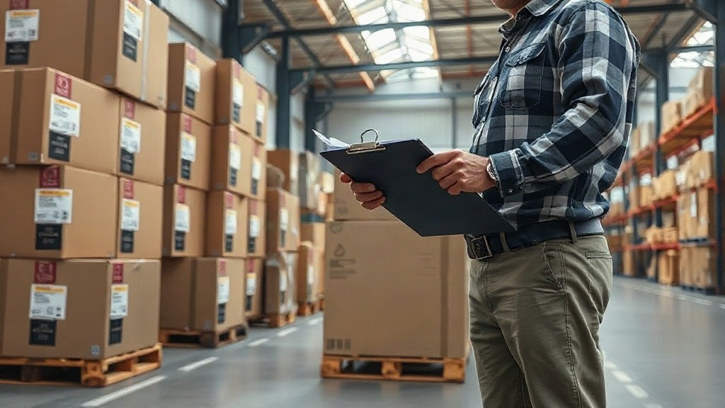 warehouse interior with stacked sealed cardboard shipping boxes on wooden pallets, a worker's hand holding a clipbo