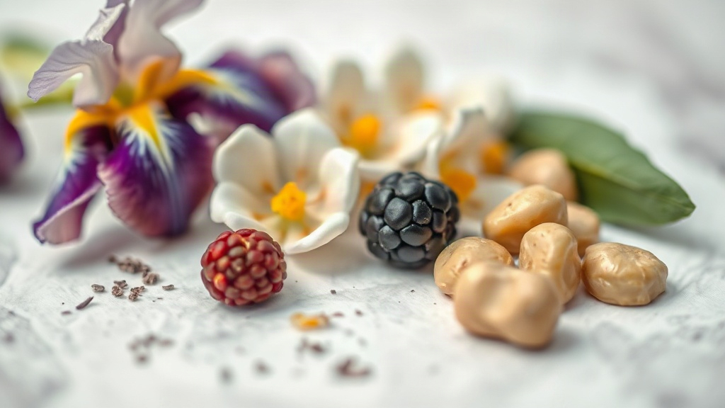 macro still life of raw perfume ingredients including iris flowers, blackberry, jasmine blossoms and praline pieces arra