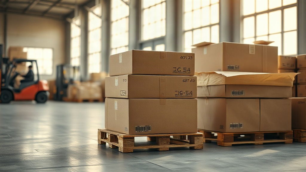 stacked cardboard shipping cartons on wooden pallets inside a logistics warehouse, forklift blurred in the background, a