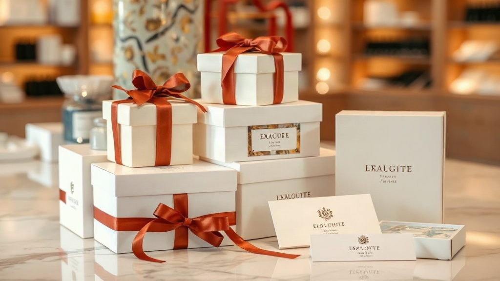 elegant perfume gift packaging boxes stacked on a marble counter, ribbon and tester cards, luxury retail display setup,