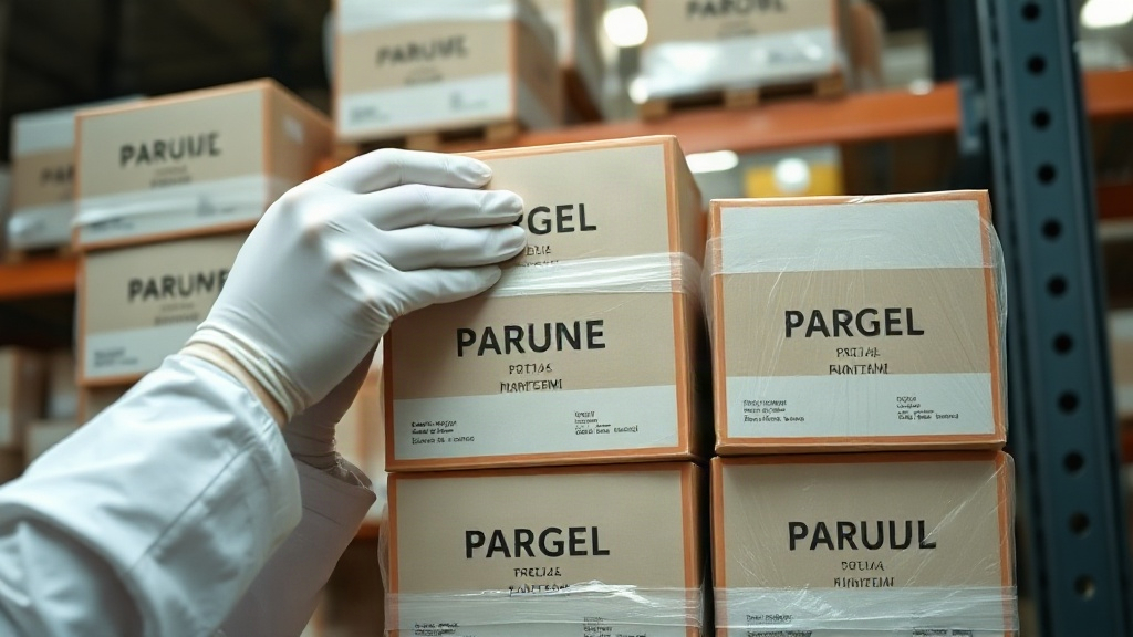 close-up of hands in white gloves inspecting and quality-checking sealed wholesale shipping cartons of perfume boxes sta