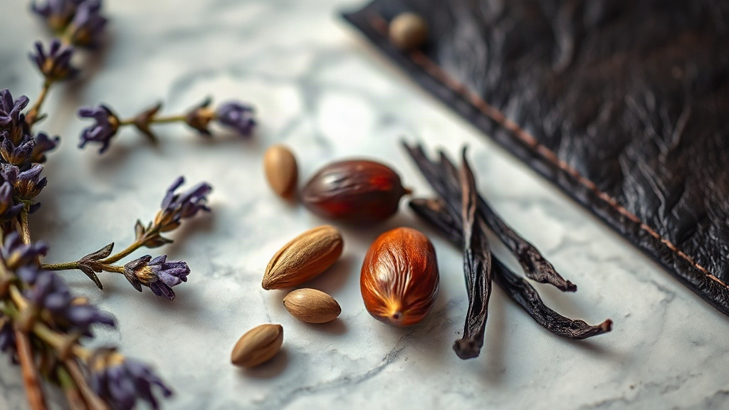 close-up still life of perfume raw materials on a marble surface, lavender sprigs, tonka beans, a vanilla pod, and a swa