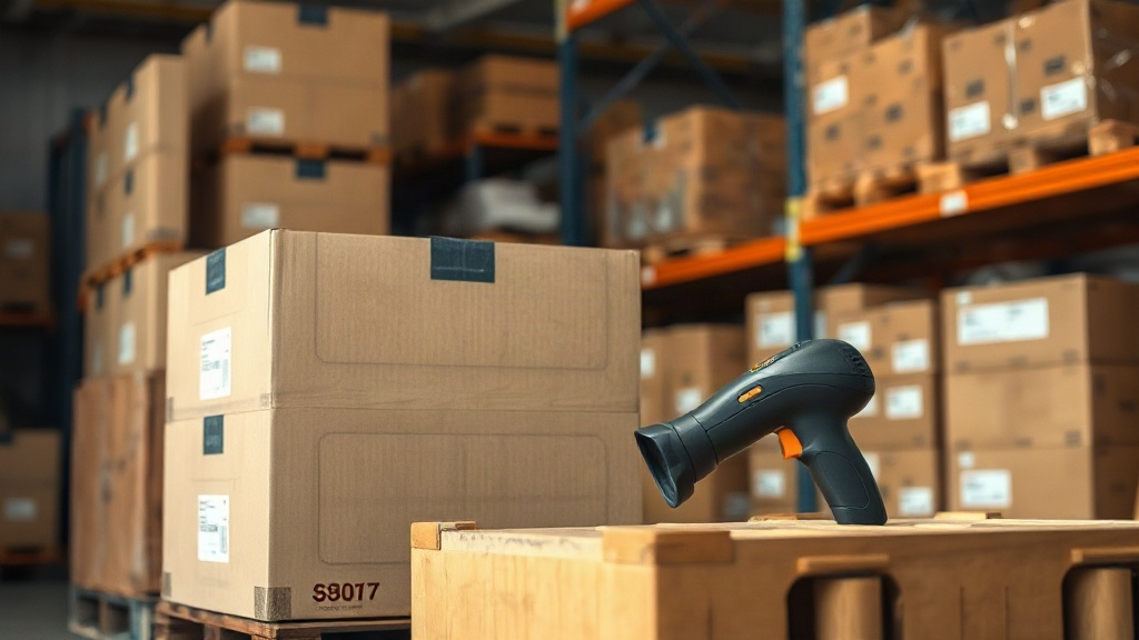 a warehouse interior with neatly stacked wooden pallets holding sealed cardboard shipping boxes, a handheld barcode scan