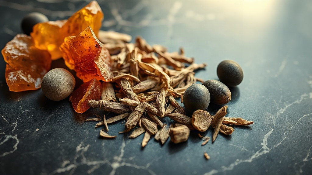 close-up studio photo of dried botanical raw materials including amber resin chunks, dried juniper sprigs, cedarwood sha