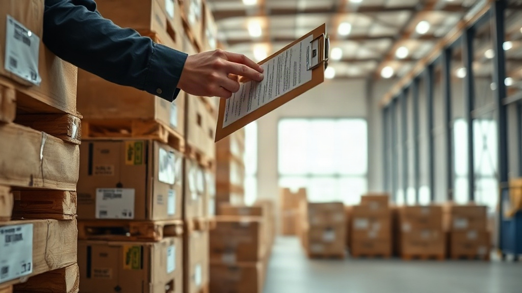 a warehouse worker's hand holding a clipboard and checking a shipping label on stacked cardboard boxes, rows of woo
