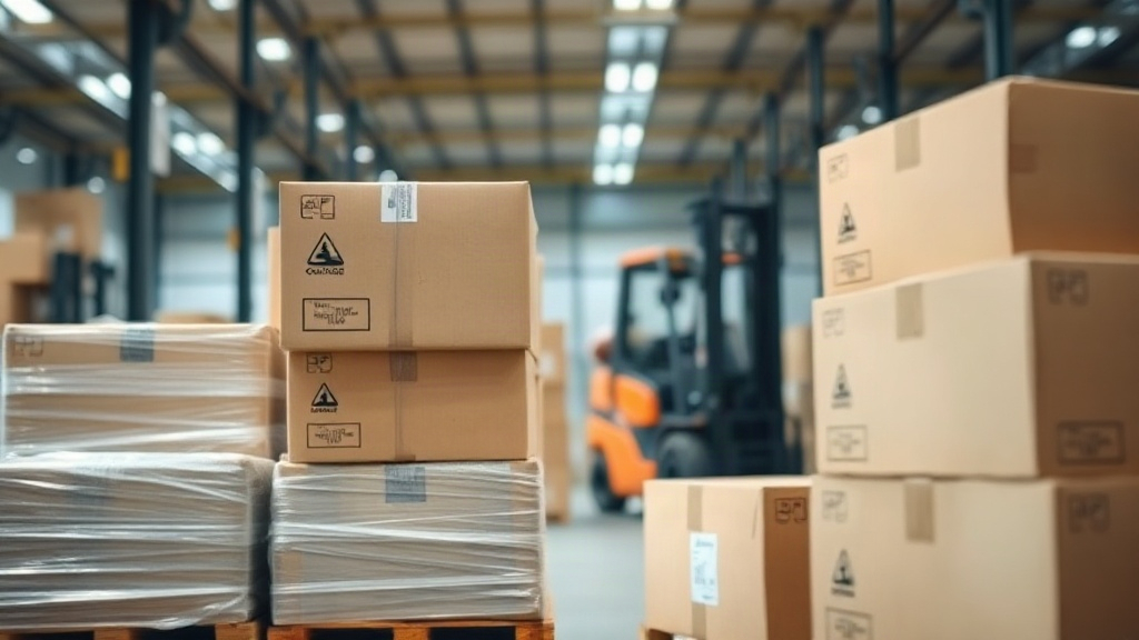 neatly stacked cardboard shipping cartons and shrink-wrapped pallets inside a bright logistics warehouse, forklift in so