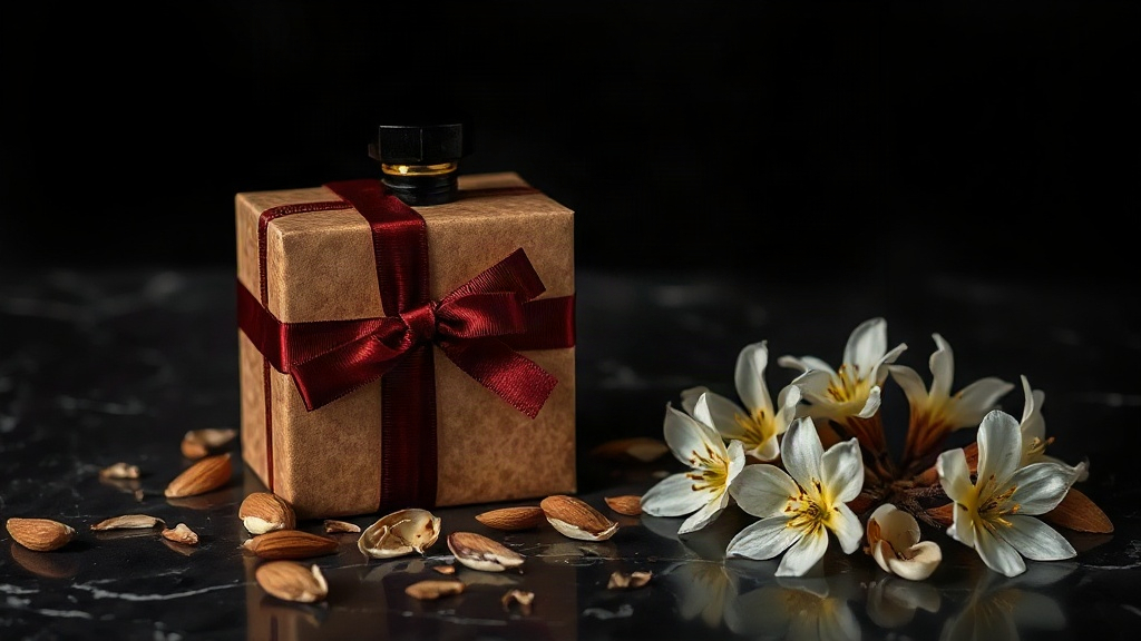 elegant perfume gift box wrapped with dark red ribbon, almond blossom petals and vanilla pods scattered beside it on a b
