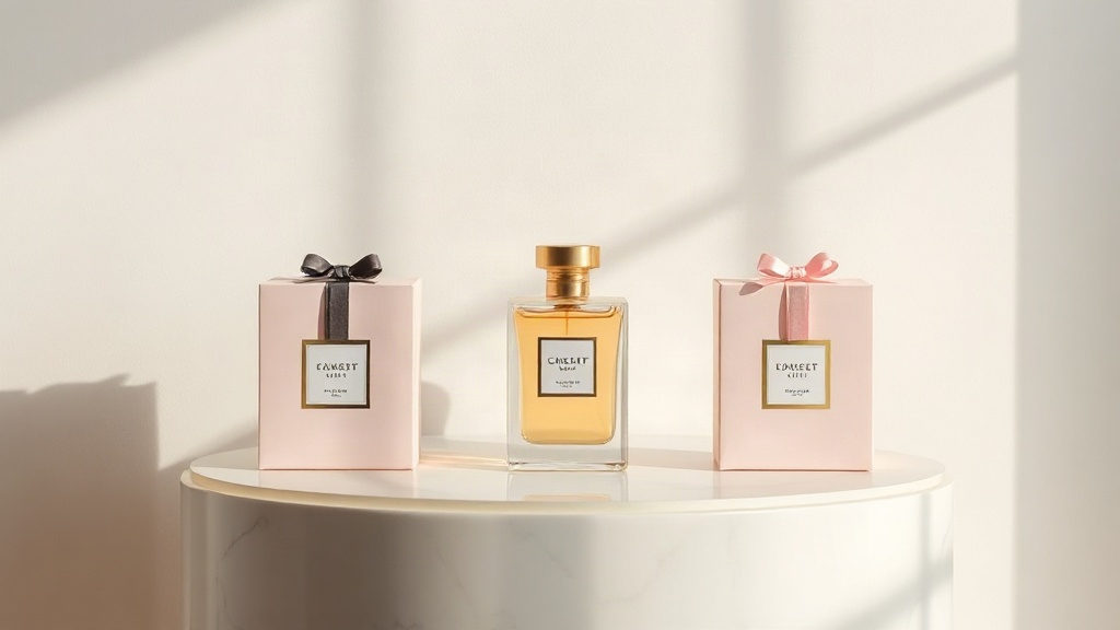 elegant retail display shelf showing three perfume gift boxes of different sizes arranged side by side, soft studio ligh