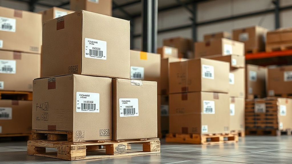 warehouse logistics scene with stacked cardboard shipping boxes and wooden pallets, shipping labels and barcodes visible