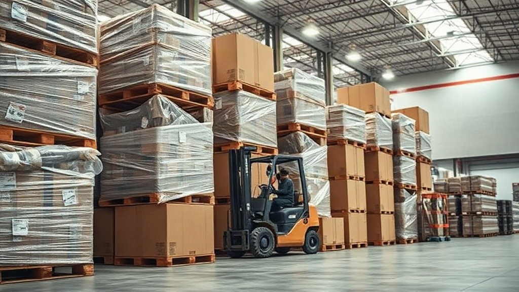 wholesale distribution warehouse interior with shrink-wrapped pallets, stacked cardboard cargo boxes, a forklift, and sh