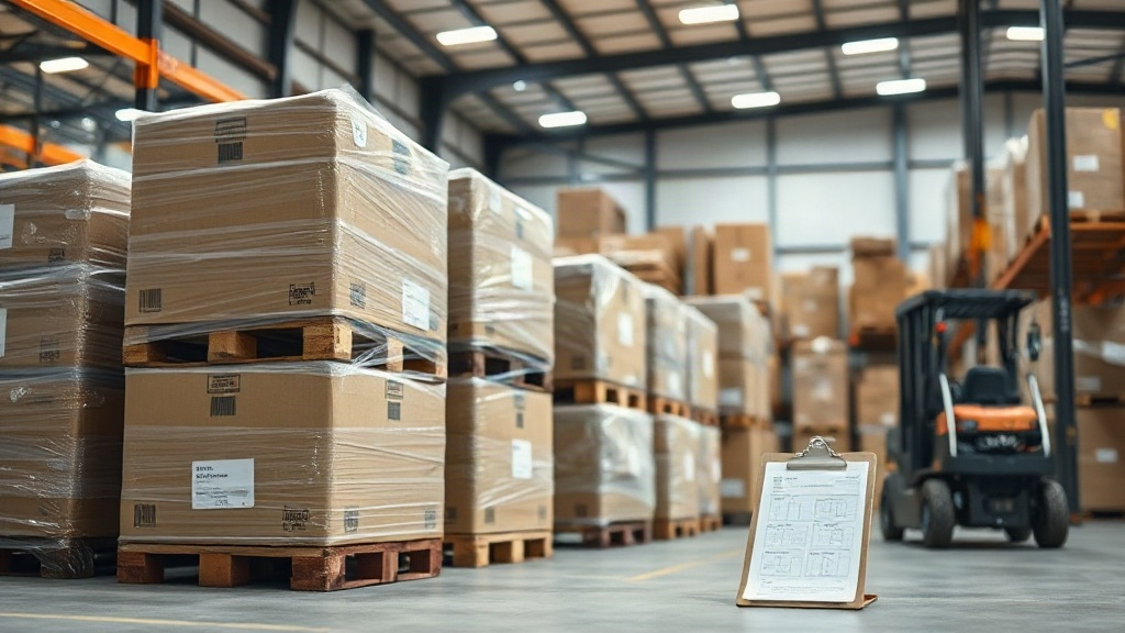 wholesale distribution warehouse interior with shrink-wrapped pallets, stacked cardboard cargo boxes, a forklift, and sh