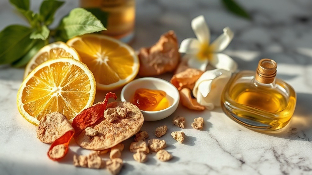 close-up arrangement of raw perfume materials on a marble surface, bergamot slices, dried citrus peel, sandalwood chips,