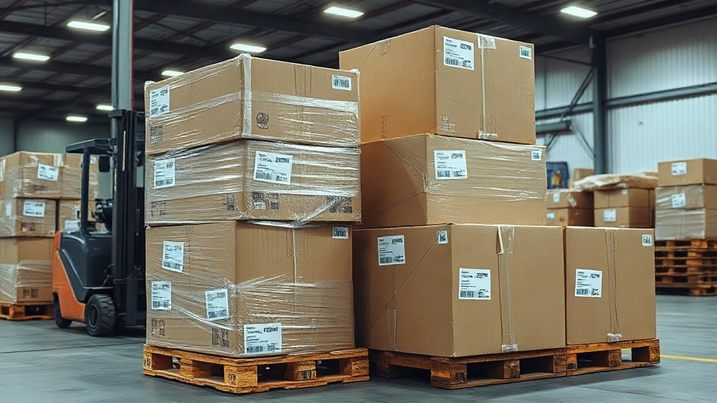 wholesale warehouse loading area with stacked shrink-wrapped cardboard shipping cartons on wooden pallets, a forklift pa