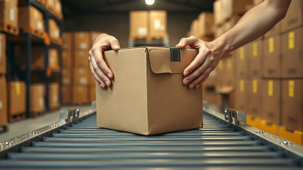 Close-up of hands carefully placing a sealed cardboard shipping carton onto a loading dock conveyor, surrounded by stack