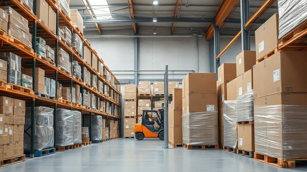 Wide shot inside a modern perfume distribution warehouse, organized wooden shelving holding stacked cardboard shipping b