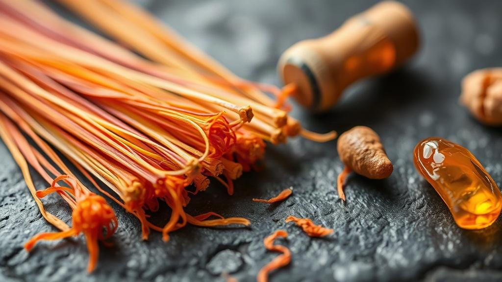 close-up macro photograph of raw perfumery ingredients arranged on a dark stone surface, saffron threads, dried amber re