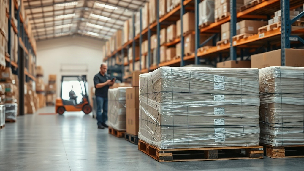 warehouse interior with neatly wrapped pallets, stacked cardboard shipping boxes, and a forklift in the background, work