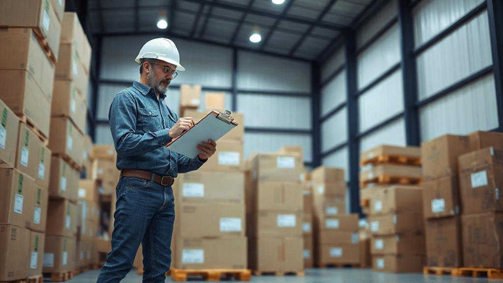 Warehouse interior with neatly stacked cardboard shipping boxes and wooden pallets, a worker's hands checking an in