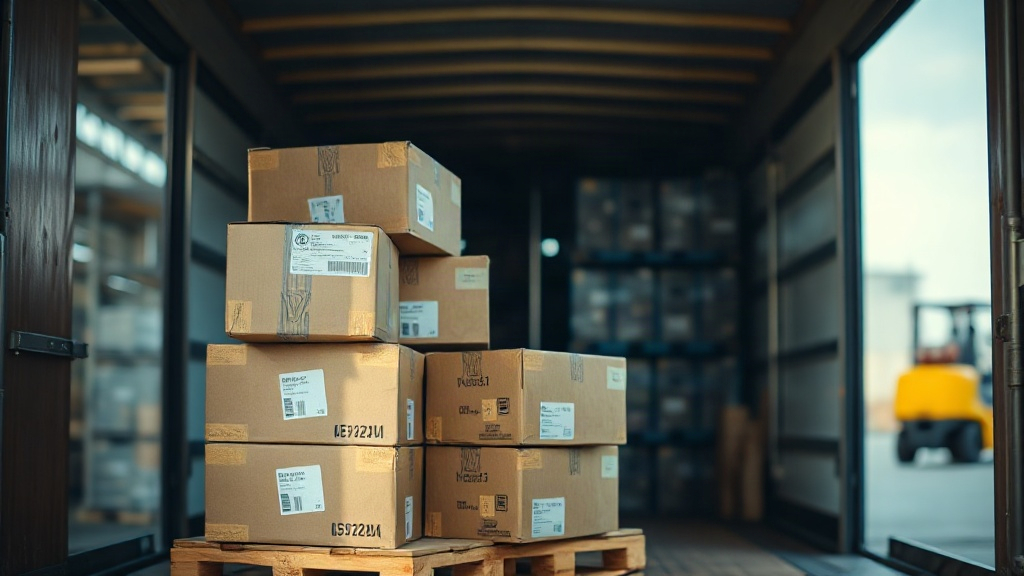 sealed export cargo boxes stacked on a pallet inside a logistics truck, forklift in the background, customs shipping lab