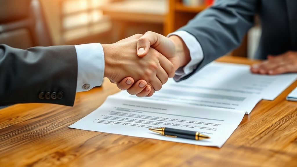 two business professionals shaking hands over a wooden desk with a supply contract and pen, warm office lighting, wrist
