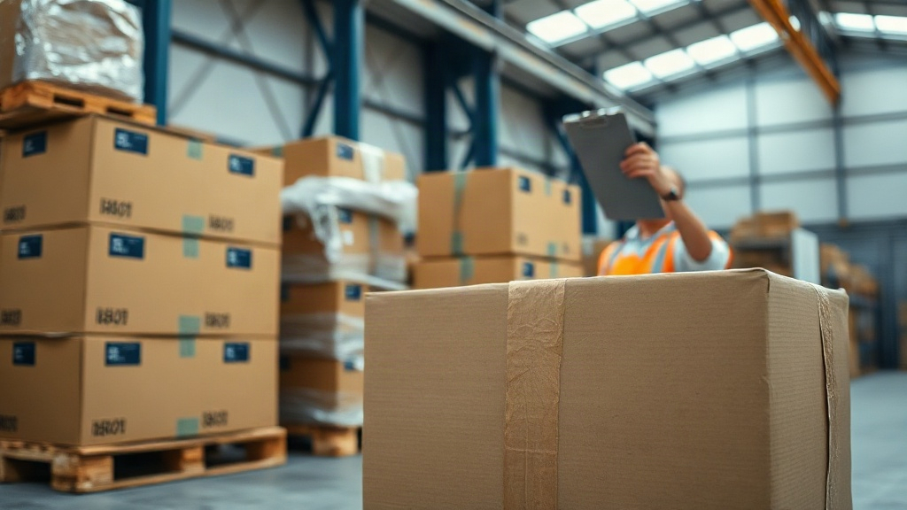 warehouse logistics scene with stacked cardboard shipping cartons and wooden pallets, a worker's hand checking a sh
