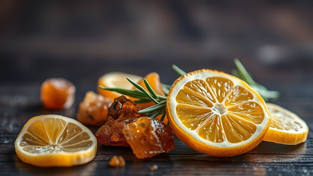 close-up still life of bergamot peel, amber resin chunks, and fresh rosemary sprigs arranged on a dark wooden surface, w
