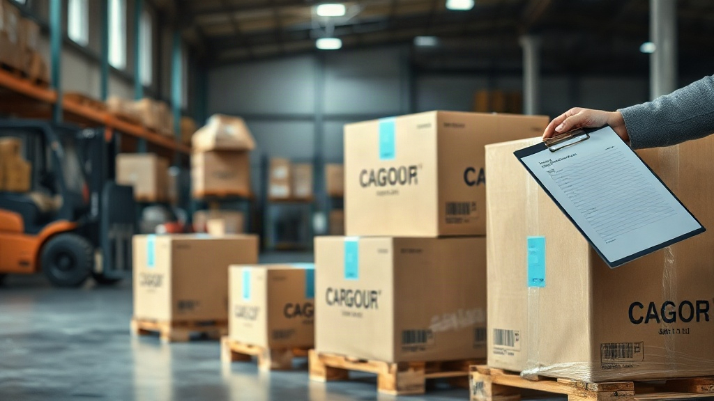 warehouse interior with sealed cardboard cargo boxes stacked on wooden pallets, a forklift in the background, a hand hol
